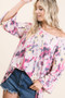 BiBi Tie Dye Print Terry A Line Top with Bell Sleeves