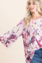 BiBi Tie Dye Print Terry A Line Top with Bell Sleeves