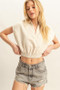 HYFVE Striped Elastic Hem Johnny Collar Cap Sleeve Blouse