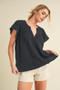 Aemi + Co Embroidered Trim Side Slit Notched Short Sleeve Blouse
