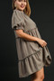 Umgee Full Size Plaid Frill Button Detail Ruffled Short Sleeve Dress Plus Size