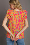Umgee Full Size Abstract Print V-Neck Double Layer Ruffle Sleeve Blouse Plus Size