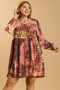 Umgee Full Size Tie Dye Long Sleeve Babydoll Dress with Keyhole Plus Size