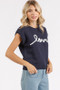 Mittoshop Contrast Letter Round Neck Cap Sleeve Knit Top