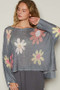 POL Flower Dropped Shoulder Long Sleeve Knit Top