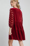 Umgee Dotted Lace Sleeve Tiered Velvet Mini Dress