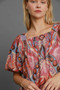 Umgee Full Size Abstract Print Smocked Square Neck Puff Sleeve Blouse
