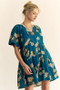 Davi & Dani Floral Print Short Bell Sleeve Pleated Mini Dress