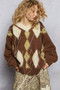 POL V-Neck Argyle Pattern Mohair Sweater with Contrast Exposed Stitch Detail