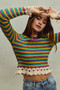 SO ME Mardi Gras Striped Cropped Knit Top with Crochet Edge