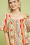 Umgee Patchwork Puff Sleeve Smocked Blouse