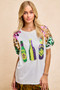 BiBi Sequin Mardi Gras Bottles Spangled Sleeve Top