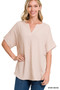 Zenana Woven Airflow Split Neck Short Sleeve Top