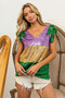 BiBi Mardi Gras Sequin Color Block Ruffled  Top