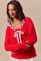 SO ME Satin Tape Braided Ribbon Tie V Neck Sweater