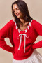 SO ME Satin Tape Braided Ribbon Tie V Neck Sweater