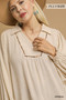 Umgee Full Size Linen Scallop Hem Blouse with Contrast Trim Plus Size