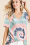 BiBi Tie Dye Print Terry V Neck Short Sleeve Top