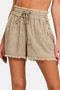 Zenana Washed Linen Frayed Hem Drawstring Shorts