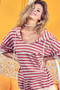 BiBi Stripe Fleece Notch Neck Short Sleeve Hoodie