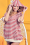 BiBi Stripe Fleece Notch Neck Short Sleeve Hoodie