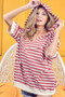 BiBi Stripe Fleece Notch Neck Short Sleeve Hoodie