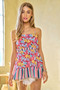 Davi & Dani Floral Smocked Sleeveless Ruffle Back Tie Top