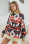BiBi Aztec Print Mirr Mock Neck Lslv Top