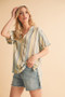 Aemi+Co Side Slit Striped Short Sleeve Blouse