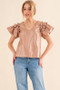 And The Why Faux Leather Ruffle Sleeves V Neck Top
