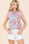 Lime 'N' Chili Full Size Graphic Print Ruffle Trim Mock Neck Sleeveless Top Plus Size