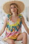 BiBi Circular Tie Dye Knit V Neck Top With Ruffle