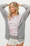 BiBi Camo Printed French Terry Knit Color Block Top