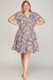 She + Sky Full Size Ruffled Hem Printed Surplice Kimono Sleeve Mini Dress Plus Size
