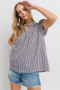 Ces Femme Plaid Notched Ruffled Cap Sleeve Blouse