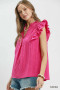 Umgee Textured Ruffle Sleeve Split V Neck Top