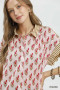 Umgee Block Print Button-Front Shirt with Contrast Stripe Point Collar