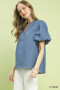 Umgee Denim Button Front Puff Sleeve Boho Blouse
