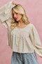 SO ME Linen Blend Woven Long Sleeve With Smocking Top