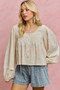 SO ME Linen Blend Woven Long Sleeve With Smocking Top