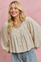 SO ME Linen Blend Woven Long Sleeve With Smocking Top