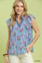 Umgee Striped Floral Ruffle Sleeve Top with Contrast Trim