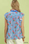 Umgee Striped Floral Ruffle Sleeve Top with Contrast Trim