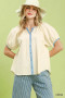 Umgee Contrast Trim Button Front Puff Sleeve Blouse