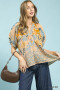 Umgee Border Print Puff Sleeve V-Neck Blouse