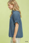 Umgee Chambray Puff Sleeve Scallop Hem Blouse