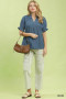 Umgee Chambray Puff Sleeve Scallop Hem Blouse