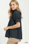 Umgee Chambray Puff Sleeve Scallop Hem Blouse
