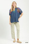 Umgee Embroidered Denim Puff Sleeve Top