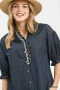 Umgee Chambray Scalloped Trim Button Front Blouse